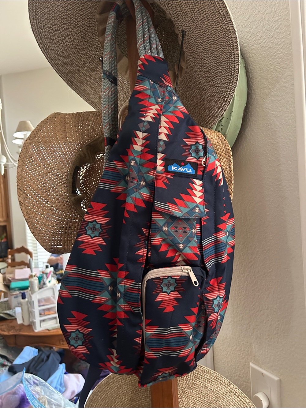 Kavu Navy Sling Backpack with Red & Teal Aztec Print VGUC